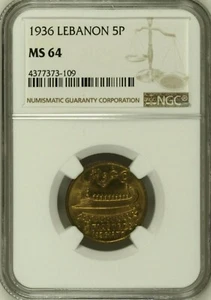 LEBANON , 5 PIASTRES 1936 - NGC MS 64 , RAREP - Picture 1 of 2