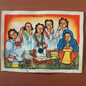 Äthiopien: Leder-Gemälde Handgemalt, Traditionelle äthiopische Kaffeezeremonie - Bild 1 von 4