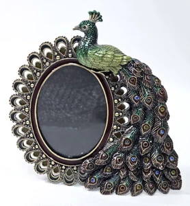 Detailed Peacock Jeweled & Enameled Picture Frame on Metal Base, EUC, Beautiful! - Picture 1 of 6