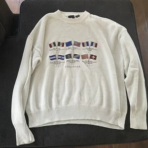 Vtg 90's Structure Off White Sweater Mens XL Flags Mountain Climbing Summit - Picture 1 of 4