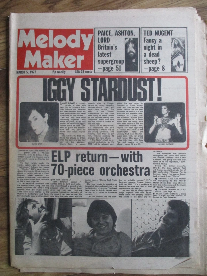 Melody Maker 5 Mar 1977 - ELP, Bowie & Iggy, Ted Nugent, AC/DC,  Marc Bolan, Quo - Image 1 of 1