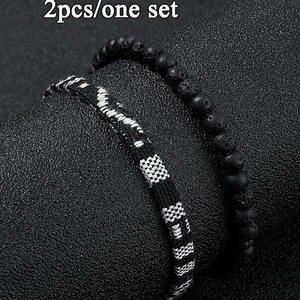 2pcs Black Lava Stone &White Bracelet Set Handmade Boho Summer Beach Jewelry - Picture 1 of 7