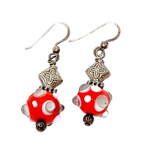 Earrings Artisan Glass Lampwork Red White Sterling Hook Silver Bead Dangle Drop - Picture 1 of 18