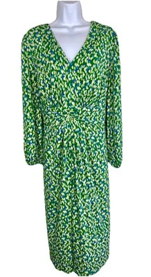 London Times Womens 16W Blue Green Geometric Print Jersey Knit Dress Puff Sleeve - Image 1 of 4