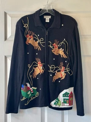 Investments 90s Christmas Sweater Cardigan Black Size S Zip Up Santa Reindeer - Image 1 of 4