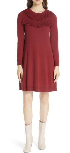 Abito maglione donna nuovo con etichette Kate Spade New York Russet frange rosse taglia XL
