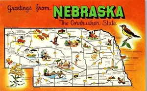 Vintage State Map Points of Interest Postkarte Grüße aus Nebraska NE - Bild 1 von 3