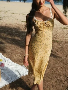 Commense Women's Size XL Boho Floral Print Cami Midi Dress Yellow with Blue Flor - Picture 1 of 9