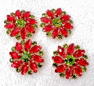 4 Watermelon Pink & Alvacado Green Rhinestone Buttons 1" Flower Shaped Buttons - Picture 1 of 4
