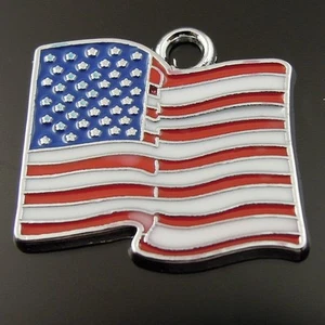 8pcs Rhodium Plated Blue Red White Stars Stripes Flag Enamel Pendant Charms - Picture 1 of 5
