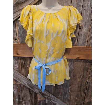 Blusa Bcbg Amarillo Volantes Corbata Cintura 100% Seda Top Talla Pequeña (?) Ligero  Foto 1 de 4