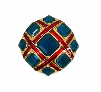 Pino de botão de cristal azul com esmalte vermelho e acabamento dourado, pino em forma de cúpula Novo - Imagem 1 de 4