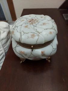 Antique Wave Crest ornate XL painted footed Jewelry Box Wavecrest silk lined - Picture 1 of 8