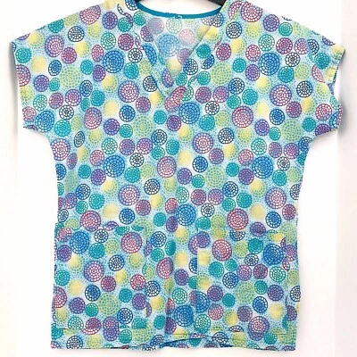 Blusa Médica Circle Flowers Talla Pequeña Azul Multicolor Enfermera Veterinaria Foto 1 de 4