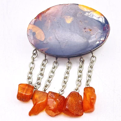 Broche colgante vintage ámbar báltico con piedra púrpura ovalado prendedor declaración patrimonio Foto 1 de 4