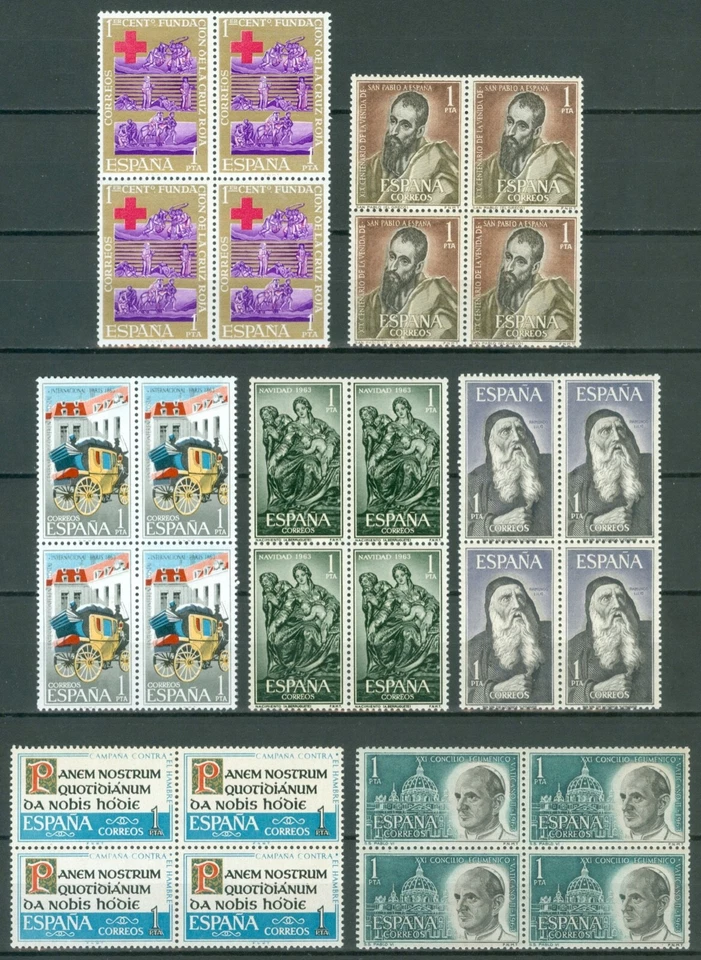 ESPAÑA 1963 - 7 SELLOS EN BLOQUES DE 4 - NUEVOS SIN FIJASELLOS - MNH. - Imagen 1 de 1