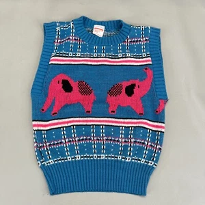 Girls Elephant Sweater Vest Size 6 6X Large Vintage JCPenney Teal Pink JC Penney - Picture 1 of 13