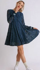New UMGEE M L Teal Blue Lace Gored Sporty Stripe Trim Lined Flirt Party Dress - Picture 1 of 12