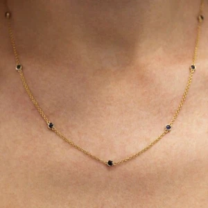 4CT Round Blue Sapphire Bezel Set Station Necklace in 14k Yellow Gold Plated - Picture 1 of 8