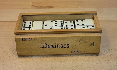 Vintage Set of 28 Dominoes Double Six In Original Dovetail Wooden Box FLAW - Image 1 of 4