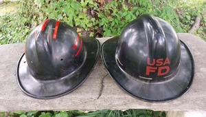  Black Fiberglass Fireman Fire Helmet USA FD & Red Striped Fireman Collectible  - Picture 1 of 19
