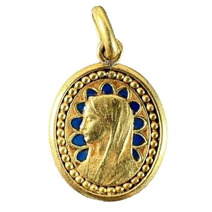 French Dropsy Virgin Mary Blue Enamel 18K Yellow Gold Religious Pendant Medal - Picture 1 of 14