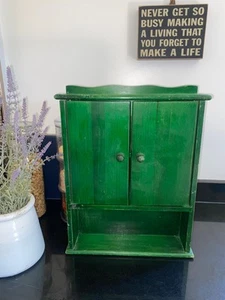 Vintage 1980s Green Shabby Chic Spice Cupboard w Shelf Farmhouse Kitchen Rustic - Picture 1 of 16