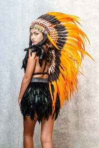 Medium Indian Headdress Replica made with full Orange rooster feathers and bead - Picture 1 of 5