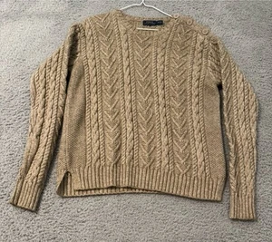 Polo Ralph Lauren Fisherman Cable Sweater Oatmeal Brown Button Shoulder Medium - Picture 1 of 7