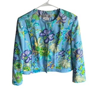 Carlisle Cropped Jacket Women Size 12 Vintage Blue Floral Retro Chic 1980s Vibe - Picture 1 of 15