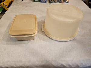 Vintage Tupperware Kuchenträger rund oben klar und Boden weiß + Vorratsbehälter - Bild 1 von 15