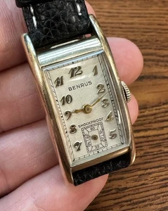 Vintage 30s Benrus AC8 Manual Curved Elongated Gold Tank Watch w/ Leather Strap - Picture 1 of 8