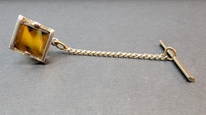 Swank Tigers eye Square Gold Tone Men Tie Tack Pin 2 Inch - Picture 1 of 3