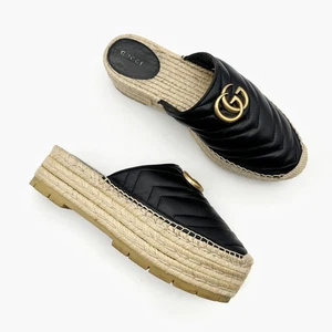 GUCCI Marmont Black Platform Espadrille Mule Size 39 US 9 Matelasse Leather Flat - Picture 1 of 10