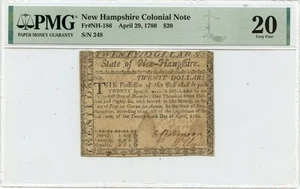 1780 April 29, $20 New Hampshire Colonial Note FR#NH-186 PMG VF20 UNCANCELED - Picture 1 of 2