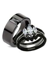 His Hers 4 Piece CZ Black Plated Stainless Steel & Titanium Matching Wedding ...