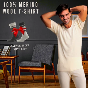 Natural %100 Merino Wool Short Sleeve T-Shirt for Men - Thermal Wool Underwear - Picture 1 of 7