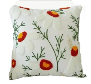 Daisy Embroidered Flowers Spring Linen Throw Pillow Cover Holiday Home Decor 18” - Picture 1 of 5
