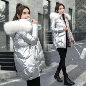 Women Fashion Shiny Winter Warm Jacket Hooded Cotton Parka Solid Color Zip Coat - Picture 1 of 23