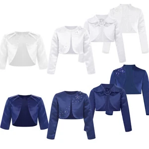 Kids Girl Satin Long Sleeve First Communion Bolero Cardigan Flower Girl Sweater - Picture 1 of 89