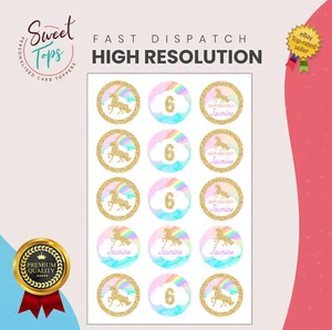 UNICORN 2" EDIBLE PERSONALISED ROUND CUP CAKE TOPPERS DECORATION - Picture 1 of 1