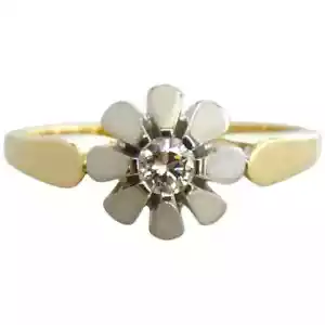 Precioso ANILLO DE FLORES DE DIAMANTE DE ORO AMARILLO Y BLANCO DE 14 QUILATES DE COLECCIÓN, TALLA R - Imagen 1 de 11