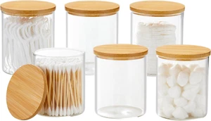6 Pack Glass Qtip Holder, Apothecary Jars with Lids Bamboo, Bathroom Organizers - Picture 1 of 12