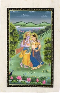 Pintura india de Radha Krishna In Love arte de escena en tela de seda 7x11 pulgadas - Imagen 1 de 6