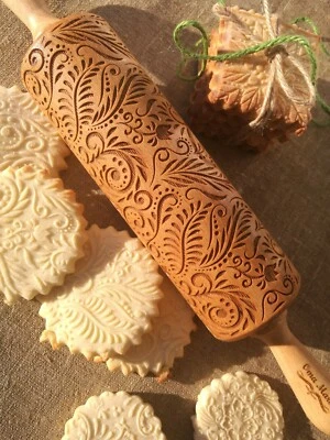 Carved Mold Engraved Rolling Pin Embossed Tulip Dough Roller Textured Rolling  - Image 1 of 4