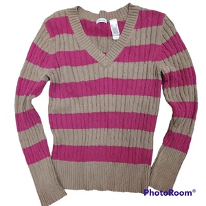 LIZ & Co 90s Y2K Women's L Cable Knit Sweater Striped V-Neck Slim Fit Pink Mocha - Picture 1 of 3