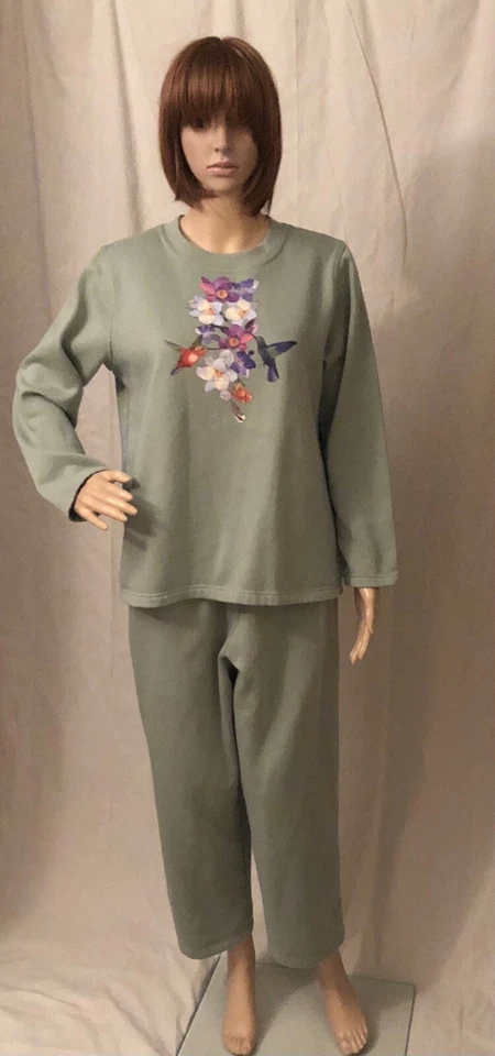 Camisa de moletom e calça de moletom vintage década de 1990 beija-flores verde sálvia malha grande - Imagem 1 de 4