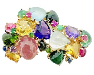 Tutti Frutti Gem Set 14k Gold Multi Color Brooch Pin 60 mm x 40 mm - Picture 1 of 22