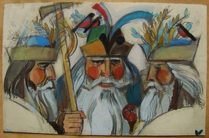 Pintura gouache soviética ucraniana retrato postimpresionismo Hutsuls Boychukismo - Imagen 1 de 1