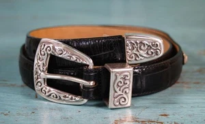 Vintage 1994 Brighton Belt Black Leather Scroll Silver Buckle Conchos Large 32" - Picture 1 of 14